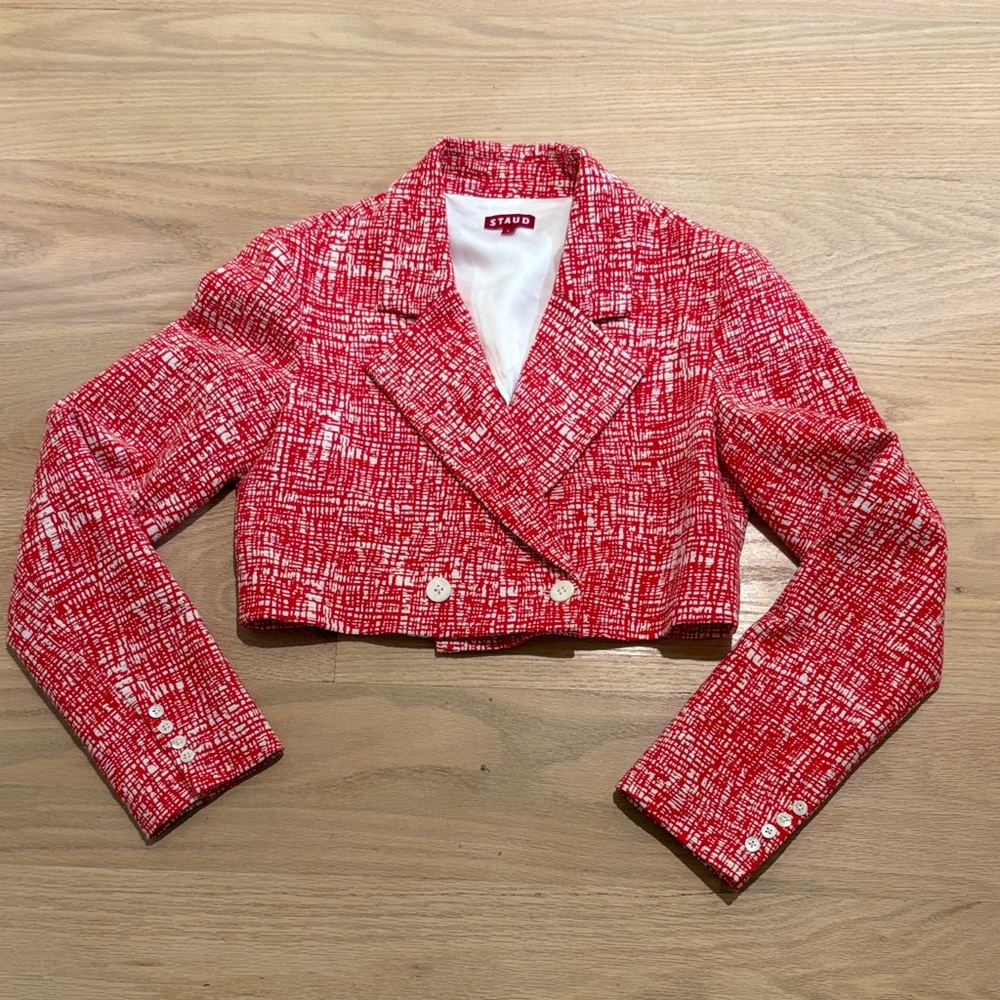 STAUD Textured Red and White Cropped Blazer